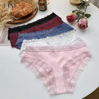 FINETOO сексуальные кружевные трусики из чистого хлопка, нижнее белье, кружевное сплошное цветное нижнее белье XS белый