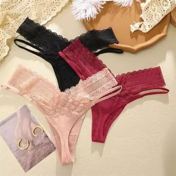 FINETOO Сексуальные кружевные трусики-стринги с Т-образной спинкой для женщин Хлопковое нижнее белье с высокой талией S белый