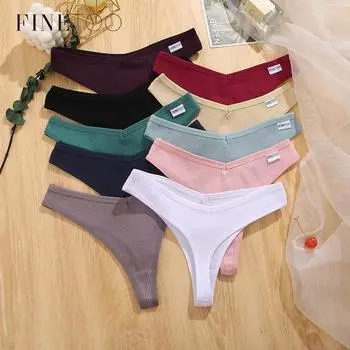 FINETOO сексуальные женские трусики, стринги, нижнее белье, хлопковые женские трусы с v-образной талией, однотонное нижнее белье с Т-образной спинкой, мягкое вафельное белье S белый