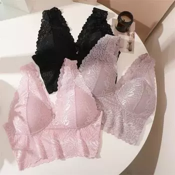 FINETOO сексуальный кружевной бюстгальтер для женщин, нижнее белье со сборками на широких бретелях для женщин, однотонное и мягкое нижнее белье S чёрный