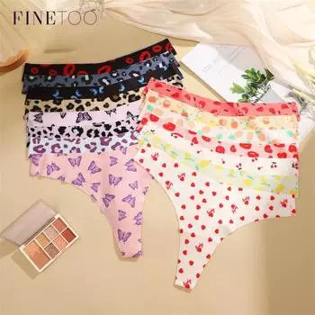Женские стринги FINETOO, бесшовные трусики с Т-образным вырезом и принтом, сексуальное нижнее белье-стринги S