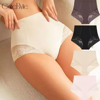FINETOO Высокая талия Bodyshaper Трусики для женщин Safty Panty Бесшовное нижнее белье Сексуальное кружевное белье из ледяного шелка S
