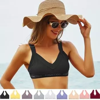 FINETOO женские бесшовные топы, сексуальный бюстгальтер, нижнее белье для фитнеса, короткие топы, укороченный топ, модные топы без косточек с буквенным принтом для девочек, топы на бретелях с v-образным вырезом