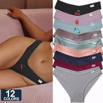 FINETOO женские хлопковые трусики с вышивкой в виде фруктов, нижнее белье с глубоким V-образным вырезом на талии, женские трусы M-4XL, женские трусики, нижнее белье M