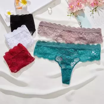 FINETOO женские кружевные стринги S-XL стринги с низкой талией трусики с Т-образной спинкой женское нижнее белье бикини S чёрный