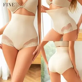 Женские трусики FINETOO с высокой талией, сексуальное кружевное утягивающее белье, бесшовное и бесследное нижнее белье S чёрный