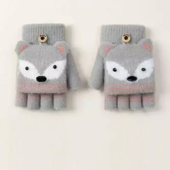 Finger Autumn Winter Cute Knitted Gloves Flip Fingerless Gloves Children Mittens Warm Gloves серый