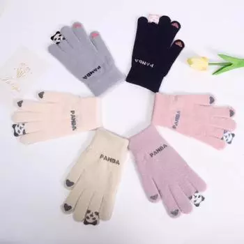 Finger Cute Panda Men and Women Winter Warm Furni Finger Cycling Touch Screen Knitted Gloves One Size