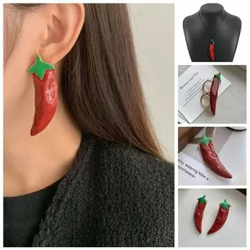 Finger Ring Red Pepper Jewelry Adjustable Enamel Metal Earrings Temperament Vintage Brooch Gift Necklace