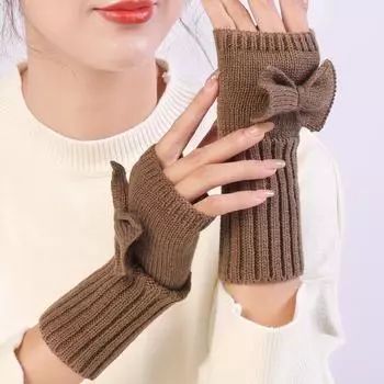 Fingerless Twists Gloves Half Finger Gloves Fashion Bow Knitted Gloves Winter кофейный