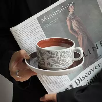 Finland Exports Medieval Ceramic Coffee Cups And Saucers Light Luxury High-Value Office Afternoon Tea Teacups Retro Latte Cups 250ml