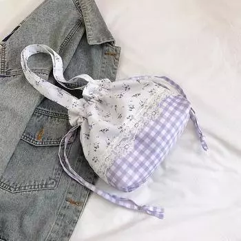 Фиолетовая клетчатая сумка на шнурке с цветочным принтом, милая дорожная сумка, сумка на шнурке, сумка под мышкой фиолетовый