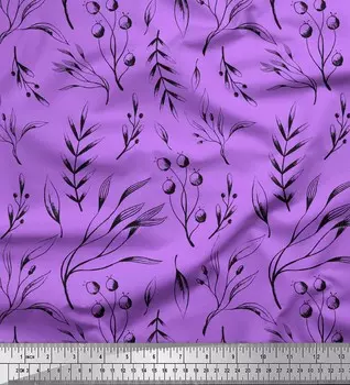 Фиолетовая креповая ткань Soimoi из полиэстера с принтом в виде листьев черники, ткань для рукоделия шириной 42 дюйма по метрам 42 Inch Wide - Poly Crepe зелёный