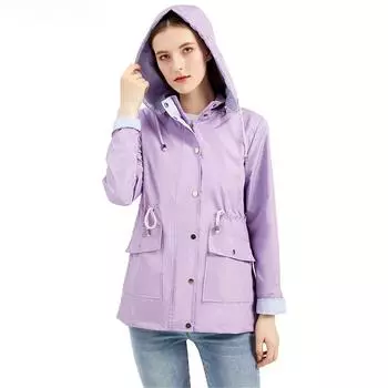 Фиолетовая куртка с капюшоном для женщин, офисная модная женская верхняя одежда, шляпа со съемным поясом, водонепроницаемая S зелёный