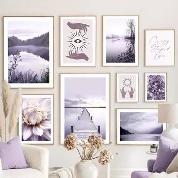 Фиолетовая мечта, озеро, мост, цветение, цветок, волшебные руки, настенная живопись на холсте, Декор для гостиной, постеры и принты, настенные панно A4 21X30cm No Framed