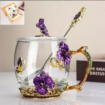 Фиолетовая позолоченная стеклянная чашка, легкая роскошная кофейная чашка, чашка для завтрака с молоком, подарочный набор из эмалированной цветной чашки для воды, подарок для дома