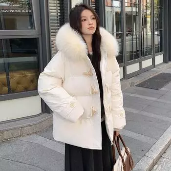 Фиолетовая роговая пуговица хлопковая подбитая одежда женская зимняя 2024 короткая с капюшоном короткая маленькая пуховая хлопковая одежда хлебная одежда S фиолетовый