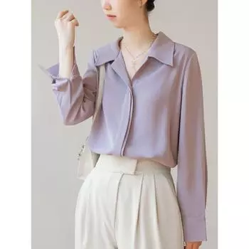 Фиолетовая рубашка с напуском, женская весенне-осенняя модель, драпированная темная пуговица сзади, нишевая блузка с разрезом на спине, блузка с длинными рукавами S светло-фиолетовый