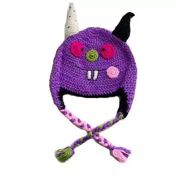 Фиолетовая шапка с рогом дьявола, ручная вязка, защита для ушей, плетеная вязаная шапка, повседневная трендовая уличная шапка-бини с забавным дизайном 54-60cm фиолетовый