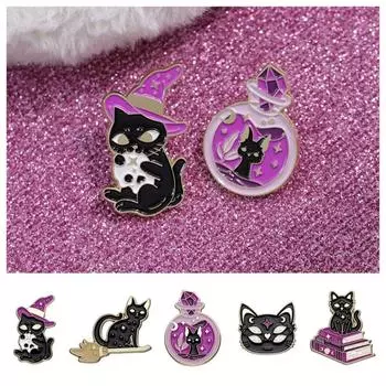 Фиолетовая волшебная брошь-кошка Черная кошечка Значок Готическая ведьма Кошки Подарок E