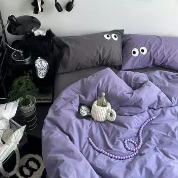 Фиолетово-серое полотенце с черными глазами и вышивкой, комплект из четырех предметов из стираного хлопка, простыни из чистого хлопка и простыни, комплект из трех предметов 1.2m bed sheet 3pcs