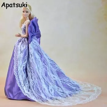 Фиолетовое кружевное свадебное платье с бантом для куклы Барби, одежда 1:6, вечерняя одежда, длинные платья, кукольная одежда для кукольного домика Барби фиолетовый