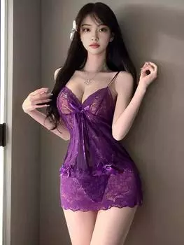 Фиолетовое милое мини-платье с V-образным вырезом, сексуальное прозрачное пижамное платье с кружевными бретельками, элегантное X7TY One Size