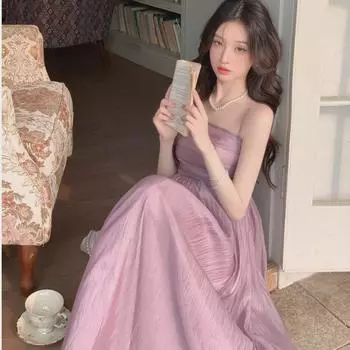 Фиолетовое платье с подтяжками: Женское летнее платье Fairy Style 2024 года, однотонное, утягивающее талию, длинное платье для отпуска L фиолетовый