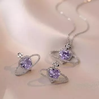 Фиолетовое Сердце Планета Кулон Ожерелье Серьги Комплект Ювелирных Изделий для Женщин Мода Цирконий Свадьба Помолвка Ювелирные Аксессуары Аксессуары