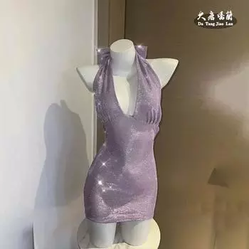 Фиолетовые блестки блестящие ночные клубы бедра обхватывают глубокий V-образный бант бретели можно носить на улице сексуальное искушение чистое желание ночная рубашка пижама F (80-130 (catty)