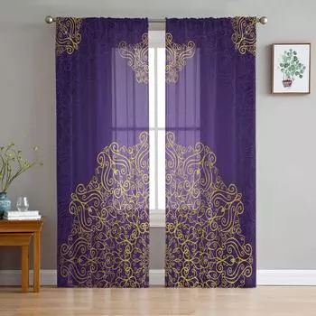 Фиолетовые цветочные этнические тюлевые шторы для гостиной, прозрачные вуалевые шторы для спальни, экранирующие шторы, жалюзи, домашний декор W135 x H115cm x1&Rod Pocket