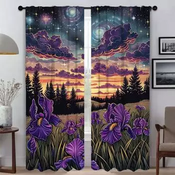 Фиолетовые цветы ириса для домашнего интерьера Шторы для гостиной Шторы Тюль для спальни Шторы против комаров 2 шт. W50xH70cmx2pcs-CL