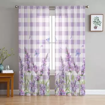 Фиолетовые цветы лаванды бабочки фиолетовые клетчатые прозрачные шторы для гостиной Декор оконные шторы кухонные тюль вуаль шторы W135 x H115cm x1