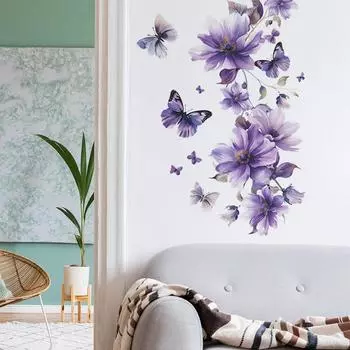 Фиолетовые цветы зеленые растения бабочки спальня гостиная настенные украшения настенные наклейки 40*60CM/fun-e87
