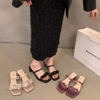 Фиолетовые феи ветер односложные тапочки женская обувь носить 2024 новые летние французские босоножки на среднем и высоком каблуке сандалии 35 чёрный