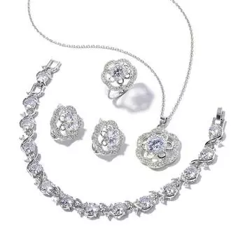 Фиолетовые модные универсальные серьги, ожерелье, комплект ювелирных изделий, круглый комплект ювелирных изделий с цветком сливы и цирконием Size 6 ring set белый