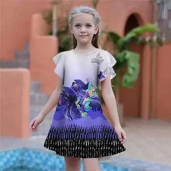 Фиолетовые платья с цветочным принтом для девочек. Детское праздничное платье для девочек. Свободный крой. Свободная юбка с короткими рукавами для девочек старше четырех лет. 80 циан