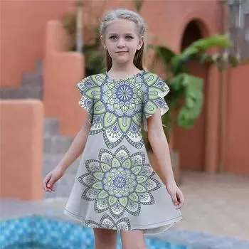 Фиолетовые платья с принтом лотоса для девочек. Детское праздничное платье для девочек. Свободная облегающая юбка с короткими рукавами для девочек старше четырех лет. 80 синий