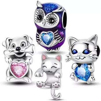 Фиолетовые подвески в виде совы, бусины из стерлингового серебра 925 пробы, милые кошки, собаки и подвески в форме сердца, подходят для браслета, сделай сам, женские оригинальные ювелирные изделия