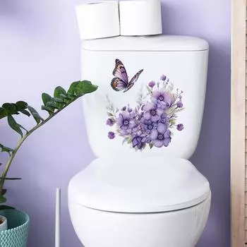 Фиолетовые растения Цветы Бабочки Наклейки на туалет Ванная комната Наклейки на стену в ванной Самоклеящиеся 29*29CM/fun-m27