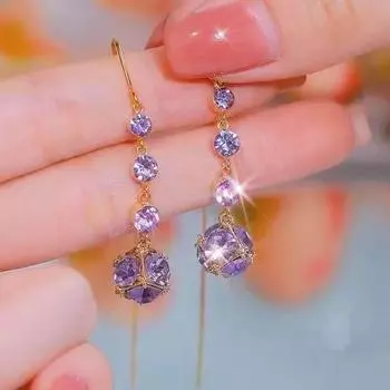 Фиолетовые серьги, позолота 18 карат, длинные кисточки, серьги-подвески, 2 мм, кристаллы