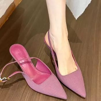 Фиолетовые заостренные легкие тонкие каблуки женские весенние сандалии с сумкой спереди пустые одно слово пряжка с леопардовым принтом 35 фиолетовый