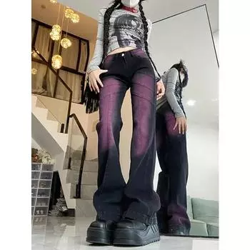 Фиолетовые женские джинсы с градиентом тай-дай и брюки-клеш, джинсовые брюки-клеш с высокой талией y2k, модная элегантная ткань с высокой талией S чёрный