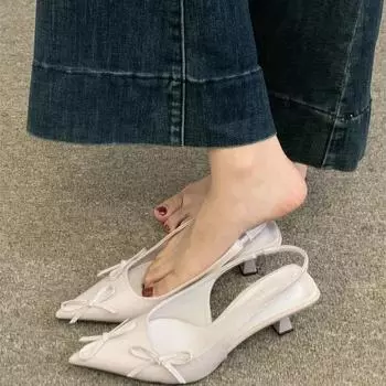 Фиолетовые женские французские босоножки с бантом на высоком каблуке, пустые летние туфли для светских львиц с острым носком и бантом 35 слоновая кость