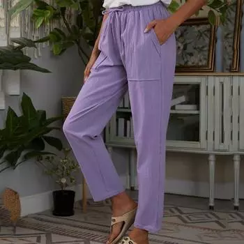Фиолетовые женские повседневные брюки с эластичной резинкой на талии из хлопка и льна, прямые брюки длиной до щиколотки, женские брюки оверсайз 4XL M чёрный