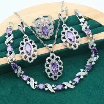 Фиолетовый аметист серебро 925 пробы комплект ювелирных изделий для женщин серьги ожерелье кулон кольцо браслет вечерние подарок на день рождения 6