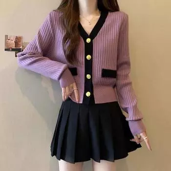 Фиолетовый Белый Модный Мягкий Весна Осень Зима Женская Корейская Версия Свитер Куртка V-образный Вырез Вязаный Длинный Рукав Кардиган Куртка One Size фиолетовый