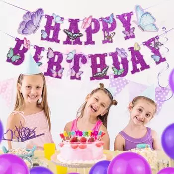 Фиолетовый блестящий розовый бабочка баннер на день рождения принцесса девочка бабочка тематика день рождения украшение бабочка день рождения гирлянды