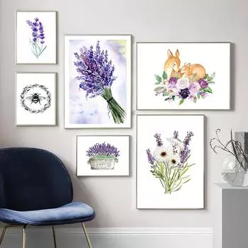Фиолетовый букет лаванды Фиолетовая маргаритка Пчела Настенная живопись Холст Картина скандинавские постеры и принты Настенные картины для декора гостиной 21x30cm No Framed