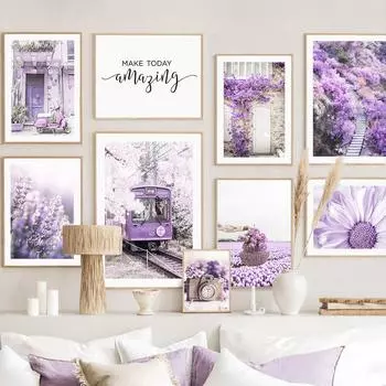 Фиолетовый цветочный дом, винтажная камера-трамвай, лавандовая настенная живопись на холсте, Декор для гостиной, постеры и принты, настенные панно A4 21X30cm No Framed